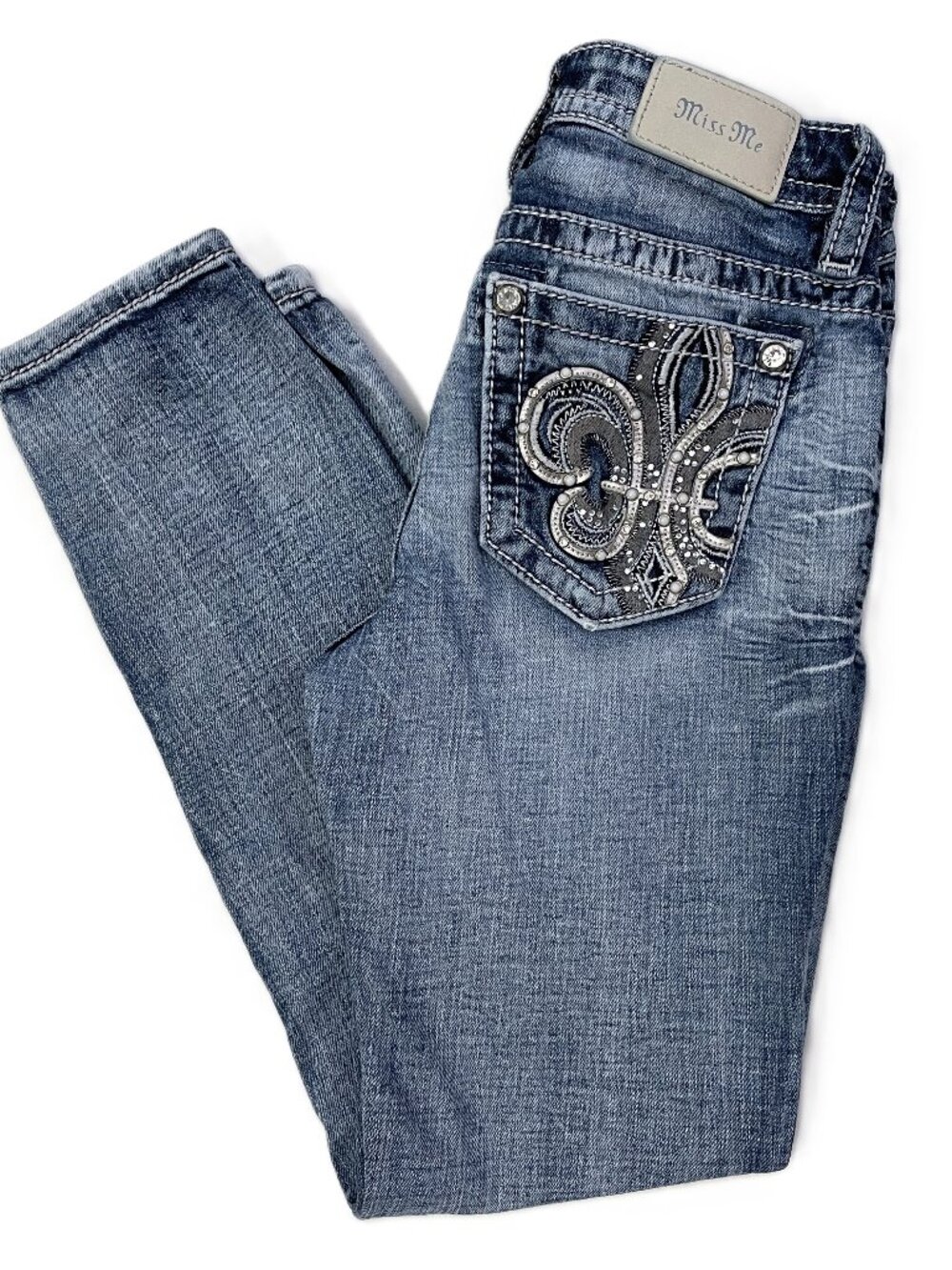 Miss Me Curvy Ankle Skinny Jeans Womens 24 Blue Embroidered Rhinestone Bling Y2K